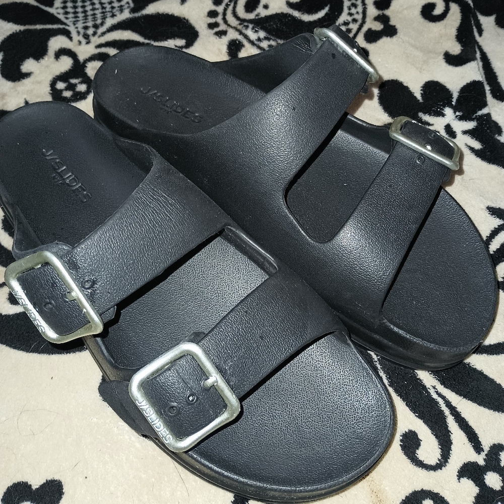 J/SLIDES Black Sandals with Metallic Buckles, Size 10.